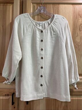 Jillian N Cream 3/4 Sleeve Viscose Linen Button-Front Women’s Blouse Size L